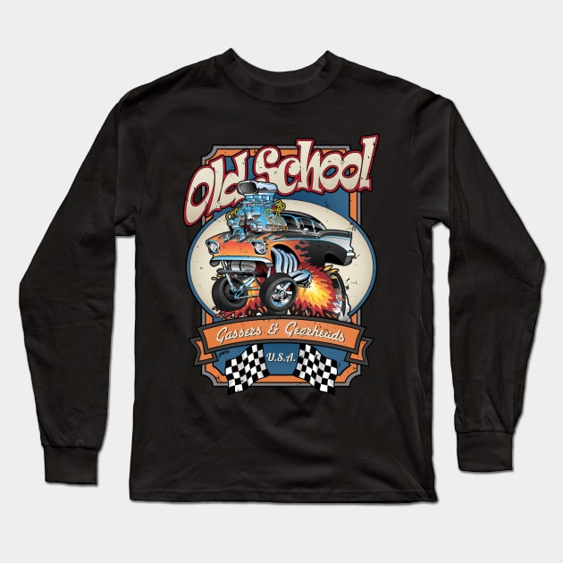 Vintage Old School Gassers and Gearheads Car Cartoon Illustration Long Sleeve T-Shirt by hobrath